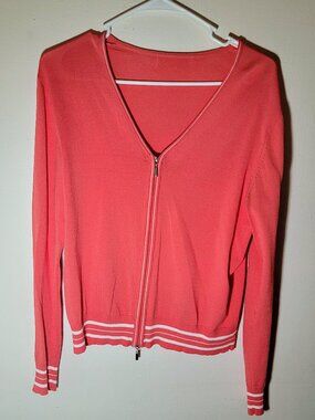 Coral / Peach Striped Sweater – zip-up/down cardigan - Lightweight